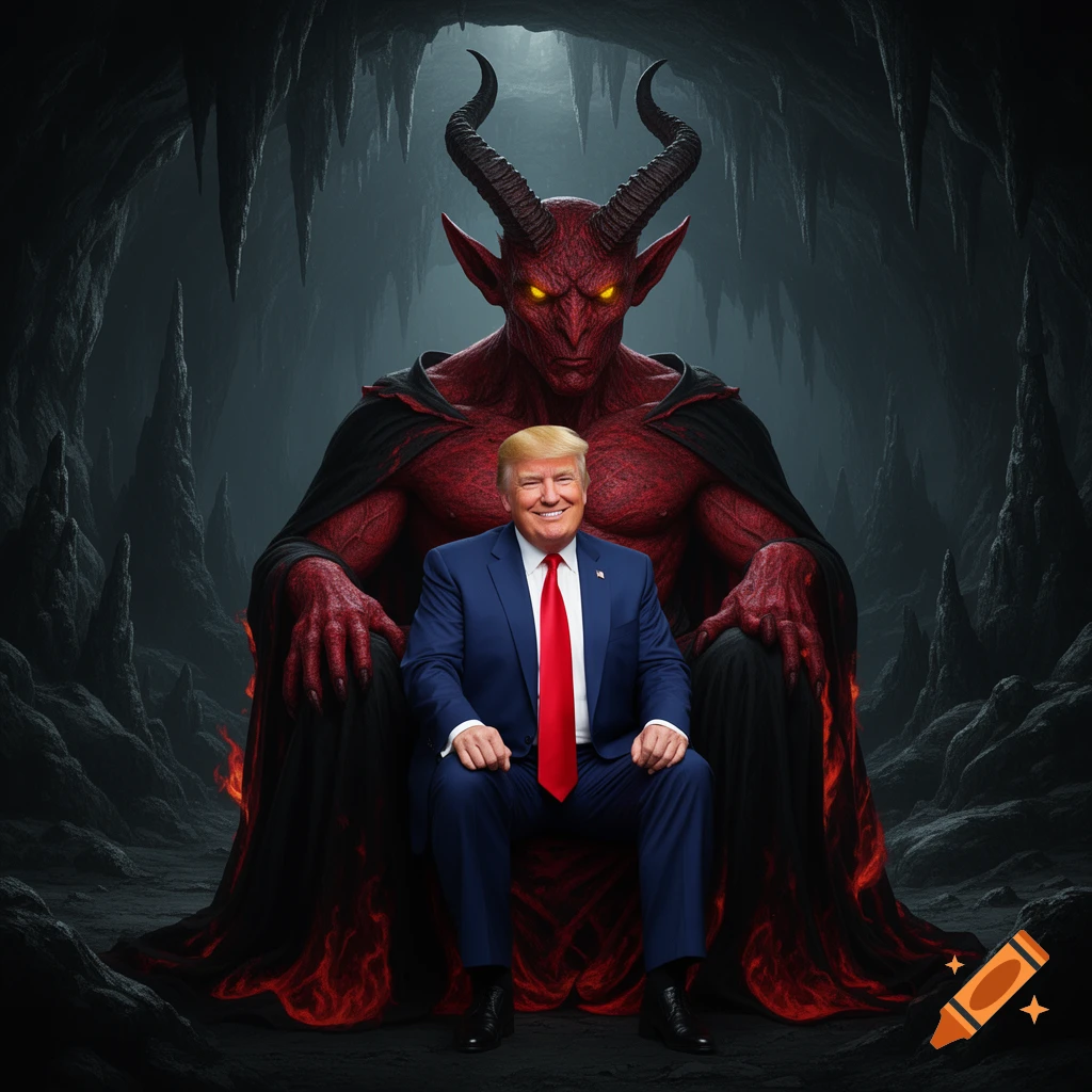 Donald Trump sits on the lap of a large red, horned demon with glowing eyes in a dark, hellish cave.