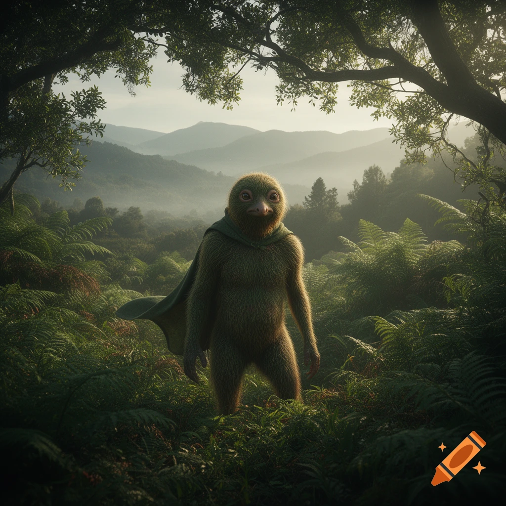A fuzzy, bipedal creature with a bird-like head and green cape stands in a lush, misty forest with mountains.