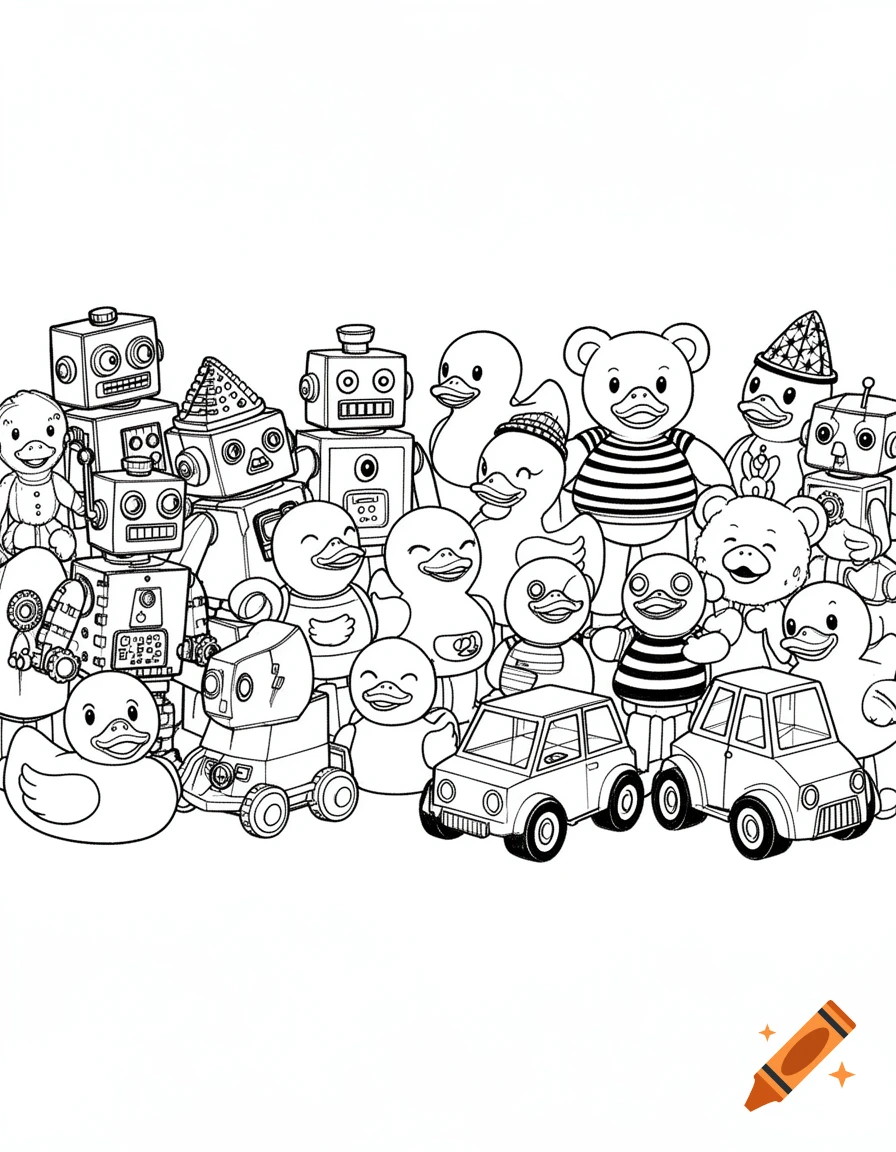 A black and white coloring page showing a crowded group of rubber ducks, toy robots, and two toy cars.
