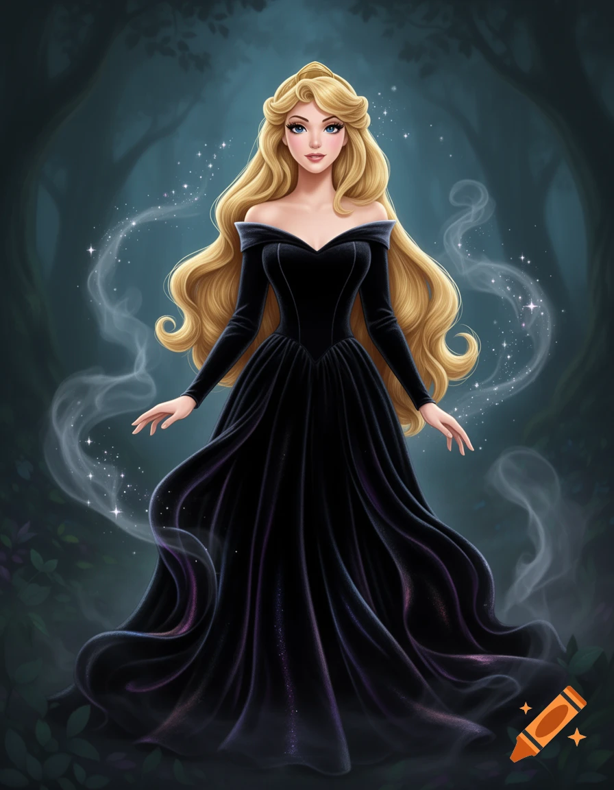 A cartoon princess with long blonde hair and a black off-shoulder gown stands in a dark magical forest with sparkling smoke around her.