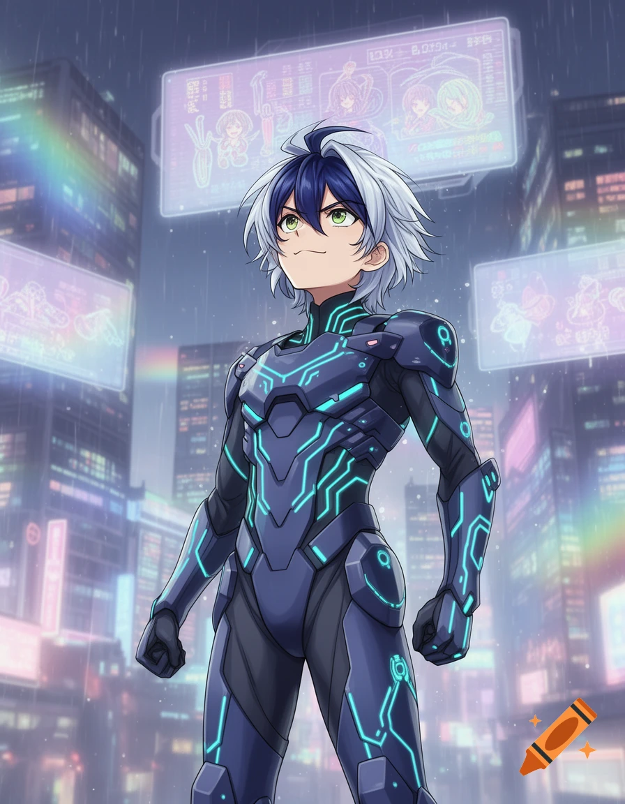 An anime character in a blue futuristic suit with glowing green lines stands in a rainy cyberpunk city with glowing billboards.