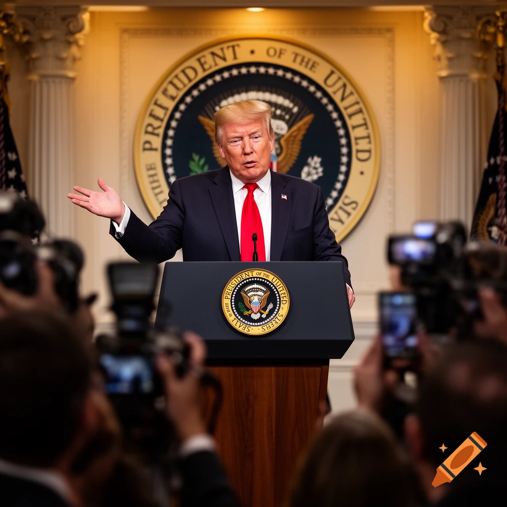 Donald Trump speaks at a podium with the Seal of the President of the United States behind him, surrounded by media.