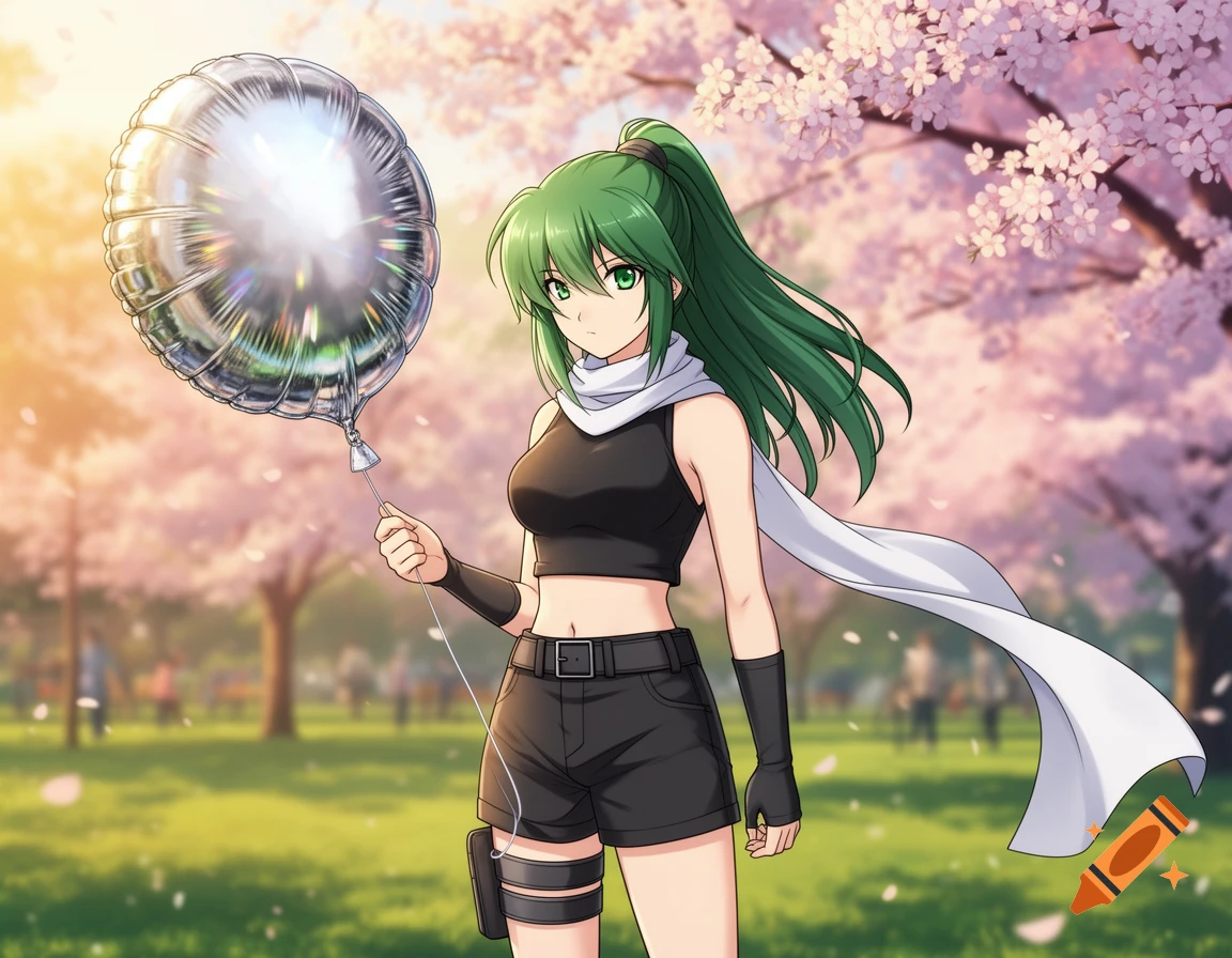 Anime girl with green hair, black crop top, and shorts holds a silver Mylar balloon in a sunny park with cherry blossoms.