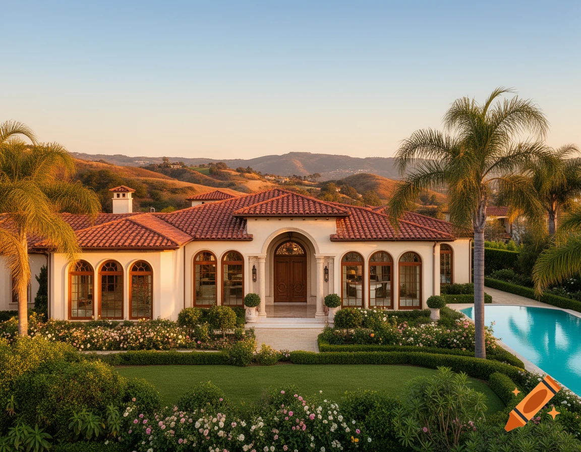 Elegant Mediterranean villa with red tile roof, lush gardens, palm trees, and a swimming pool at sunset.