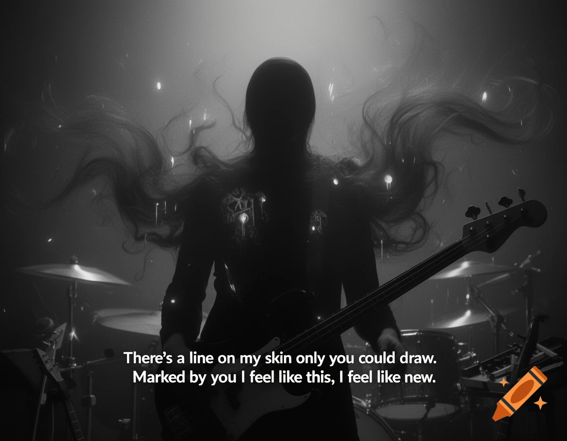 A silhouetted figure with long, flowing hair plays a bass guitar on a dark, smoky stage with glowing particles and text.