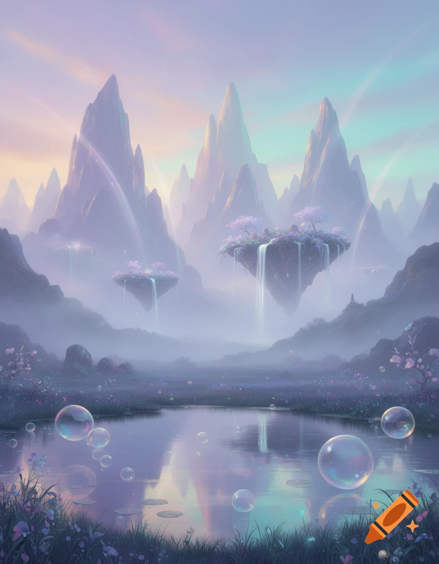 A serene dreamscape of misty mountains and floating islands with waterfalls, reflecting in a lake with glowing bubbles at sunset.