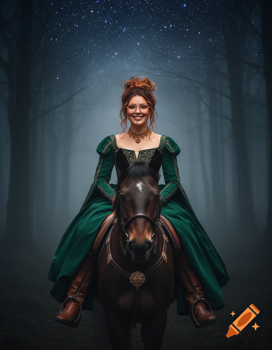 A woman in a dark emerald Renaissance gown rides a horse through a foggy forest under a starry night sky, photorealistic.
