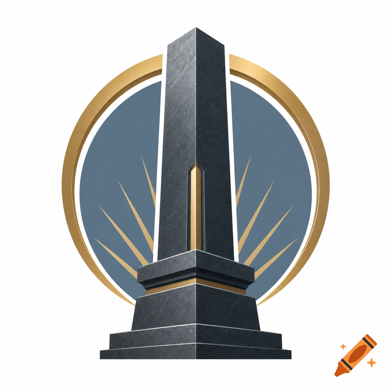 A dark gray obelisk-like monument with gold accents, centered within a blue circle with gold rays, forming a logo.