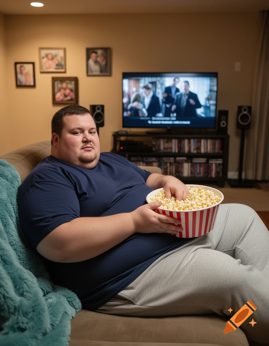 An overweight man in a blue t-shirt and grey sweatpants relaxes on a couch, eating popcorn from a striped bowl while watching TV.