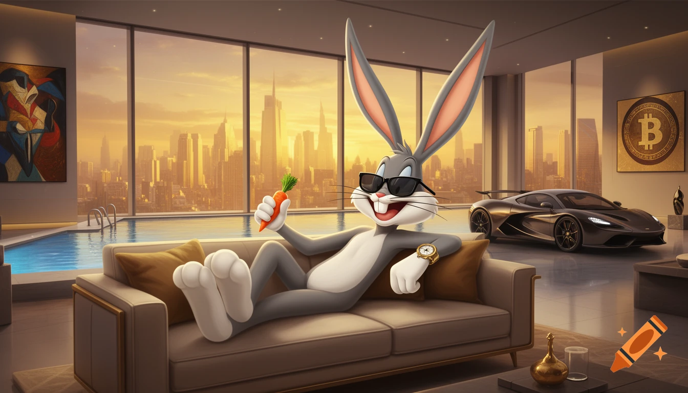 Bugs Bunny in sunglasses lounges with a carrot on a couch in a luxurious penthouse, with a city skyline at sunset visible.