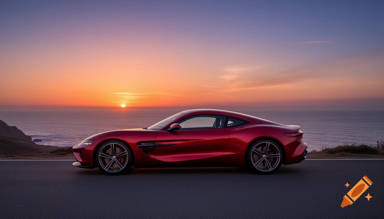 A sleek red sports car parked on a road overlooking the ocean at sunset, with the sun low on the horizon.