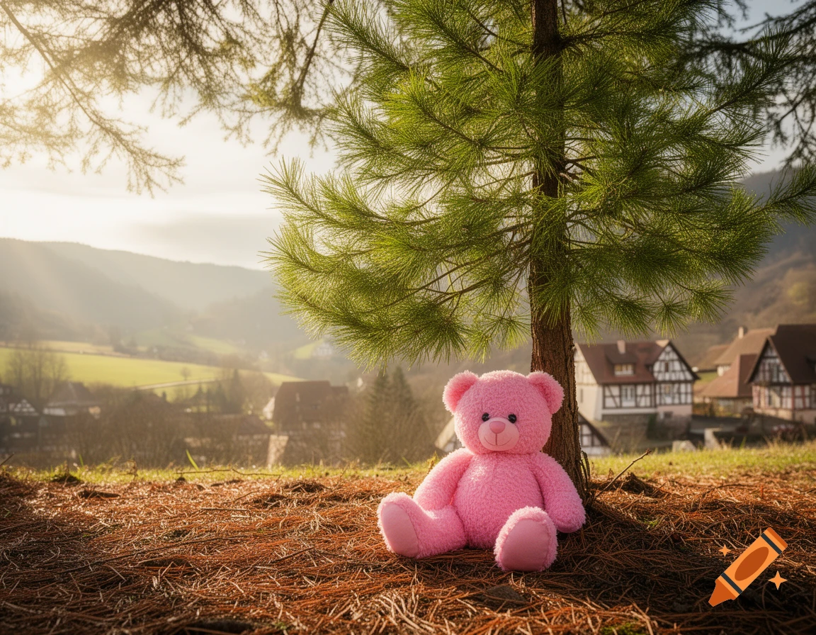 A pink teddy bear sits under a pine tree on a sunlit hillside overlooking a village with traditional houses and distant mountains.