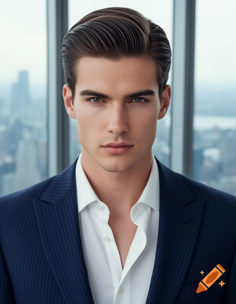 A photorealistic portrait of a handsome young man with slicked-back brown hair, wearing a navy pinstripe suit and white shirt, looking directly at the viewer with a city skyline in the background.