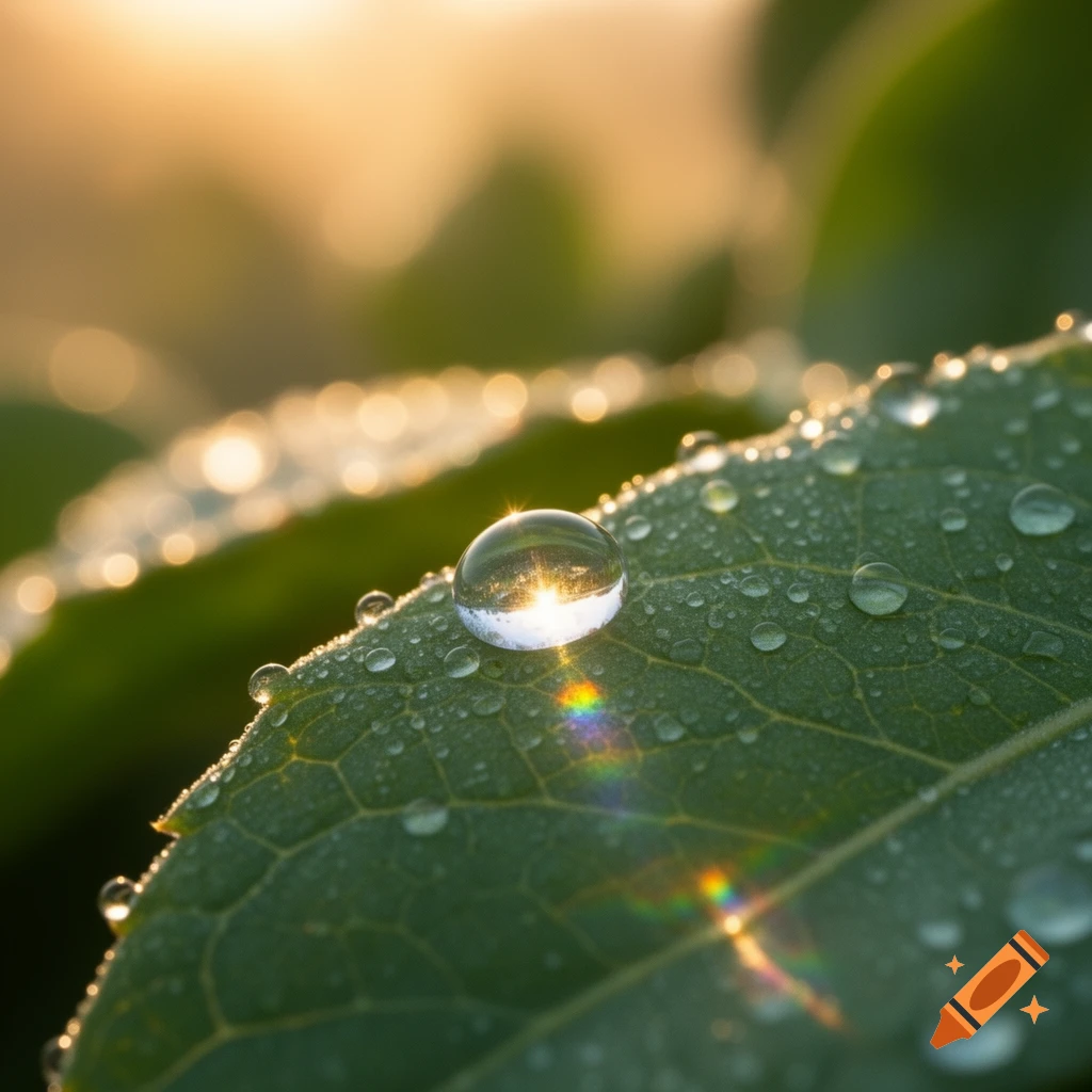 Close-up macro shot of a green leaf covered in dew drops, with morning sunlight reflecting in a large droplet.