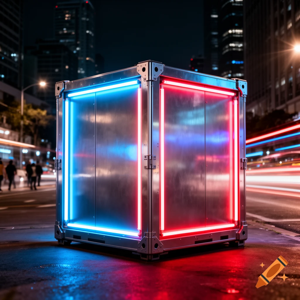 A metal container with glowing blue and red neon lights stands on a wet street at night, with blurry city buildings and light trails behind it.