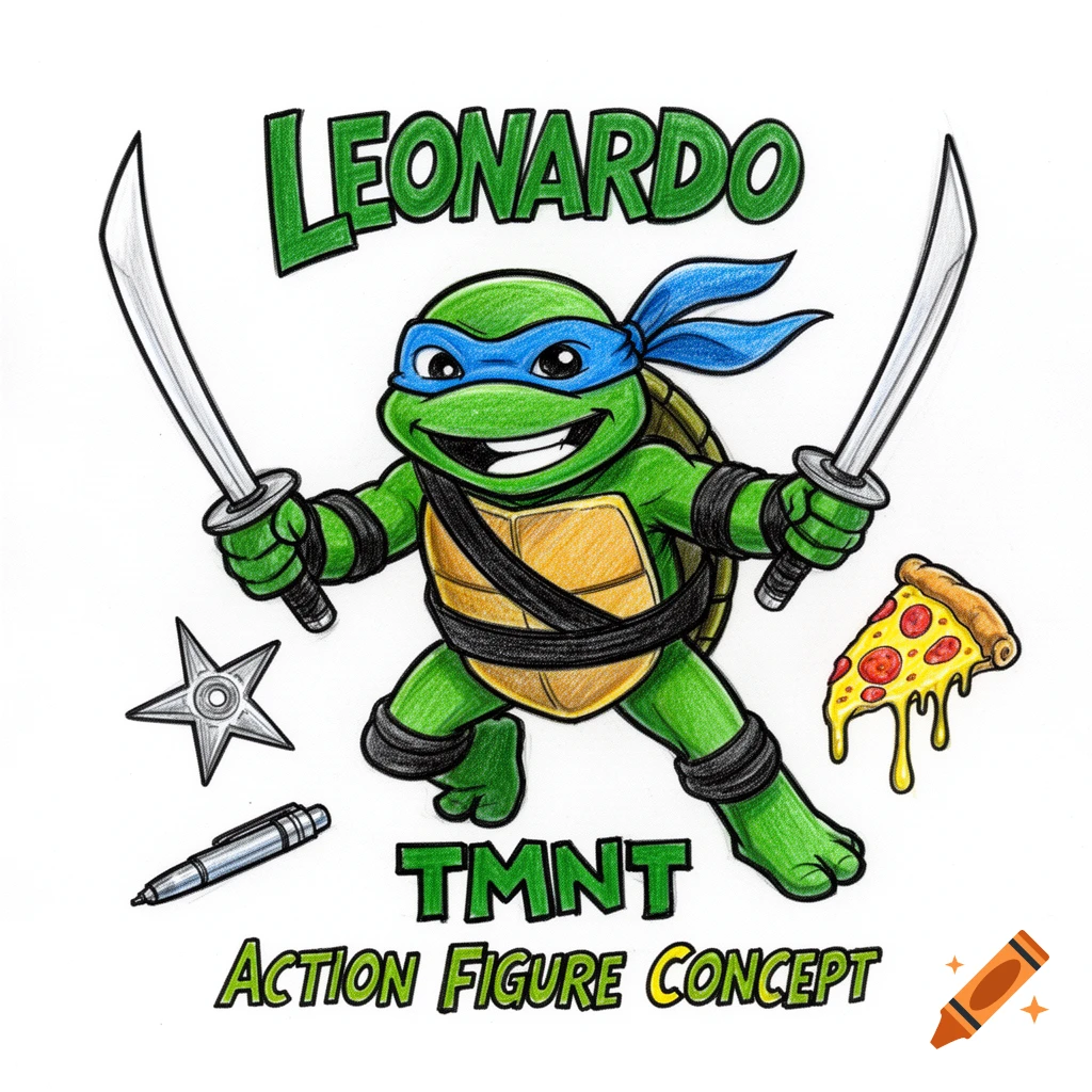 Hand-drawn cartoon of Leonardo from TMNT, a green turtle in a blue mask holding two swords, with a pizza slice, throwing star, and pen.