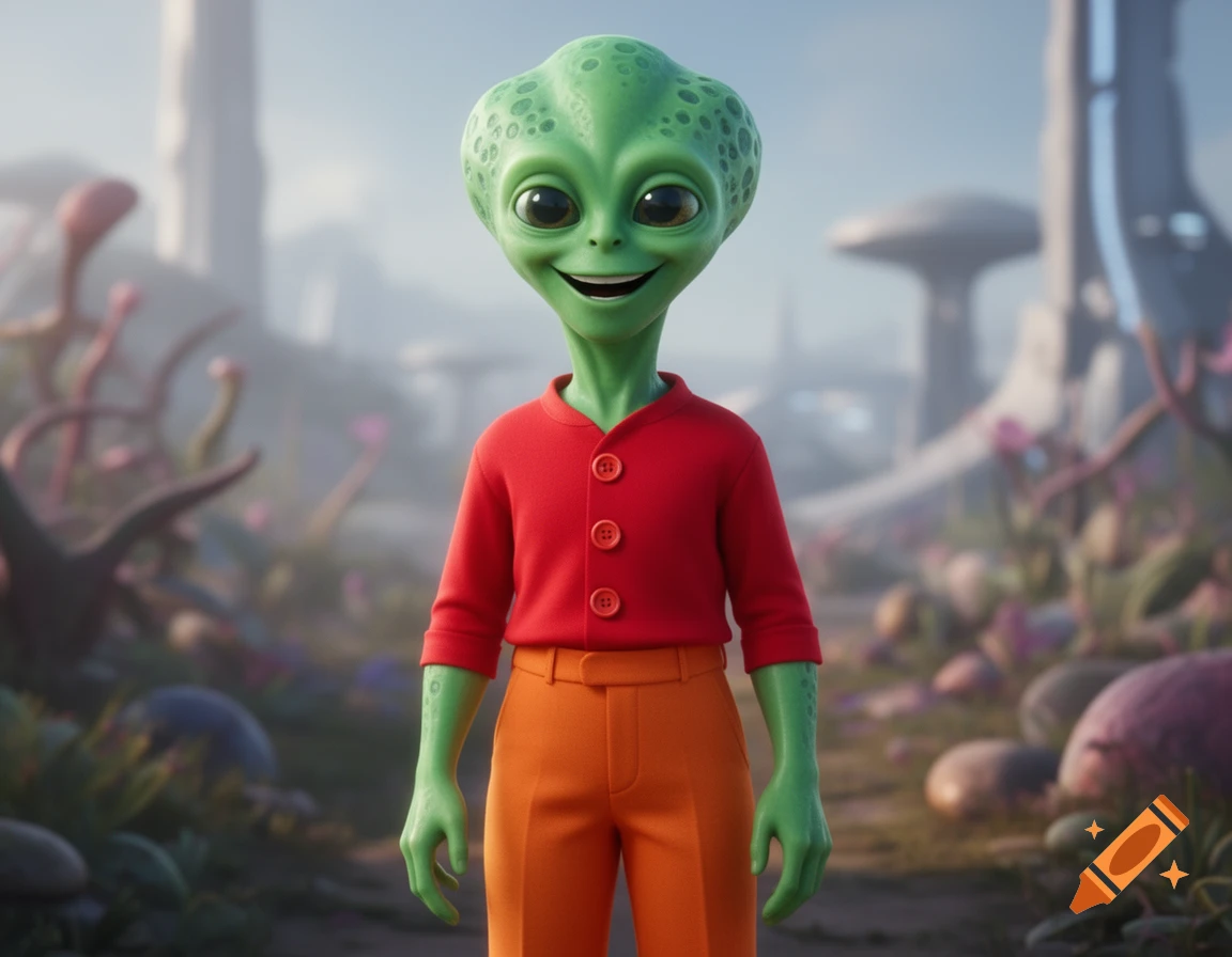 A friendly green alien in a red shirt and orange pants smiles in an alien landscape with futuristic structures.