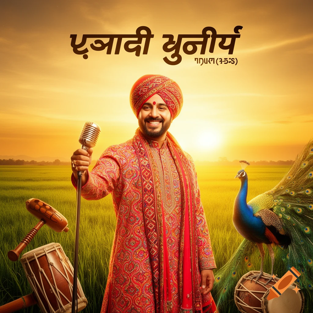 A smiling man in a red turban and traditional attire holds a vintage microphone in a sunny field with a peacock and drums. Album cover style.