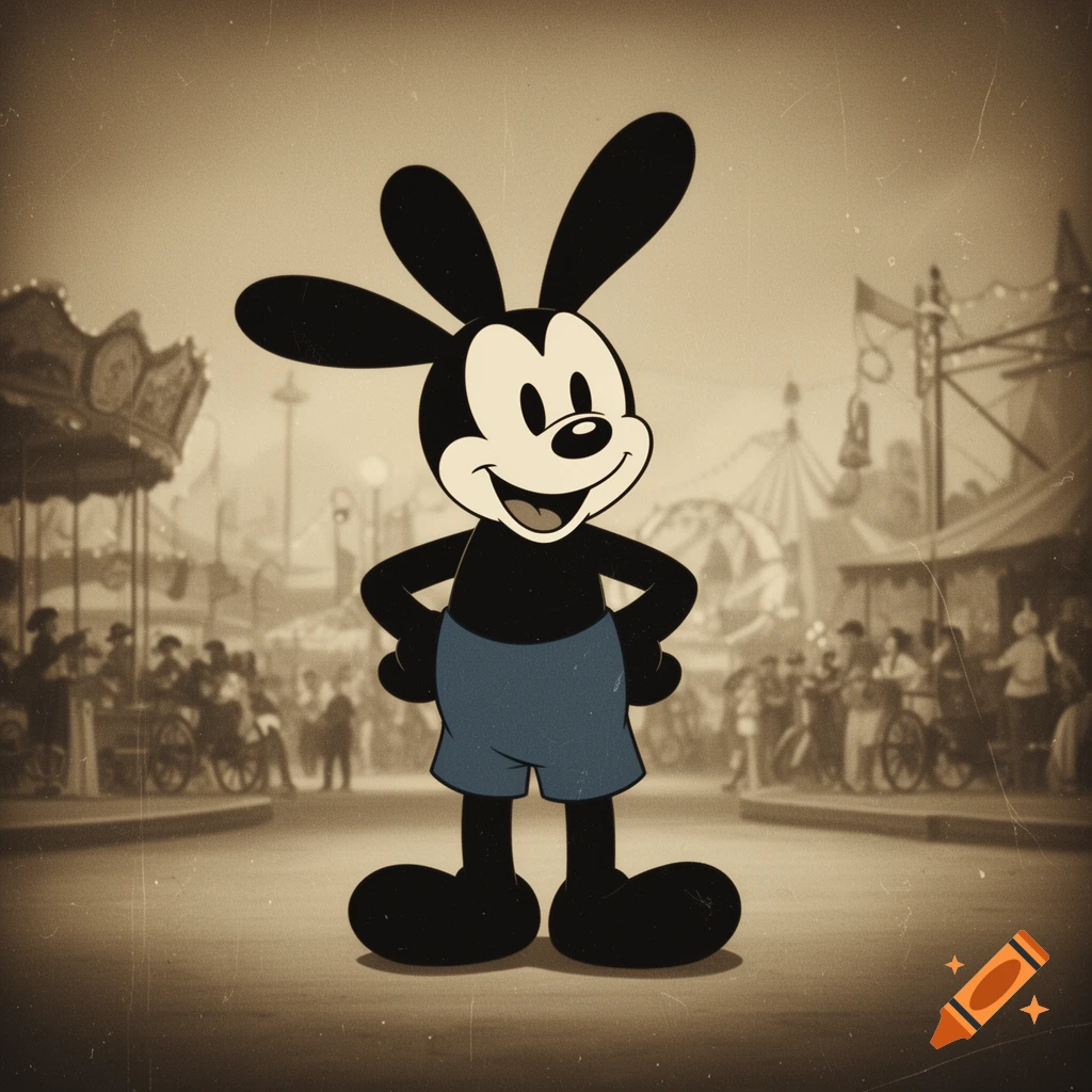 Oswald the Lucky Rabbit stands smiling with hands on hips in a sepia-toned vintage carnival scene.