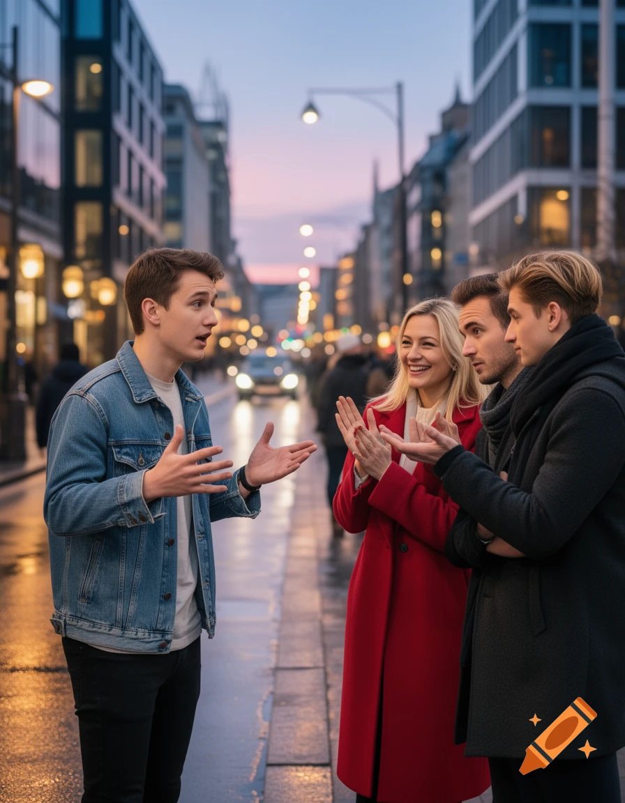A group of four young adults talking on a city street at dusk, with buildings and blurred lights in the background. Photorealistic style.