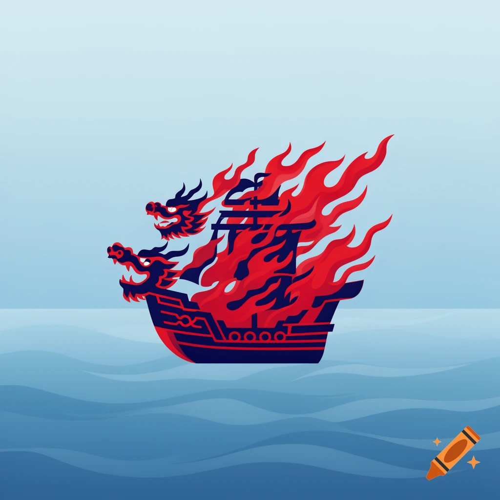 A stylized Korean fire ship (Hwaseon) with two dragon heads on the bow, engulfed in red flames, sailing on blue wavy water.