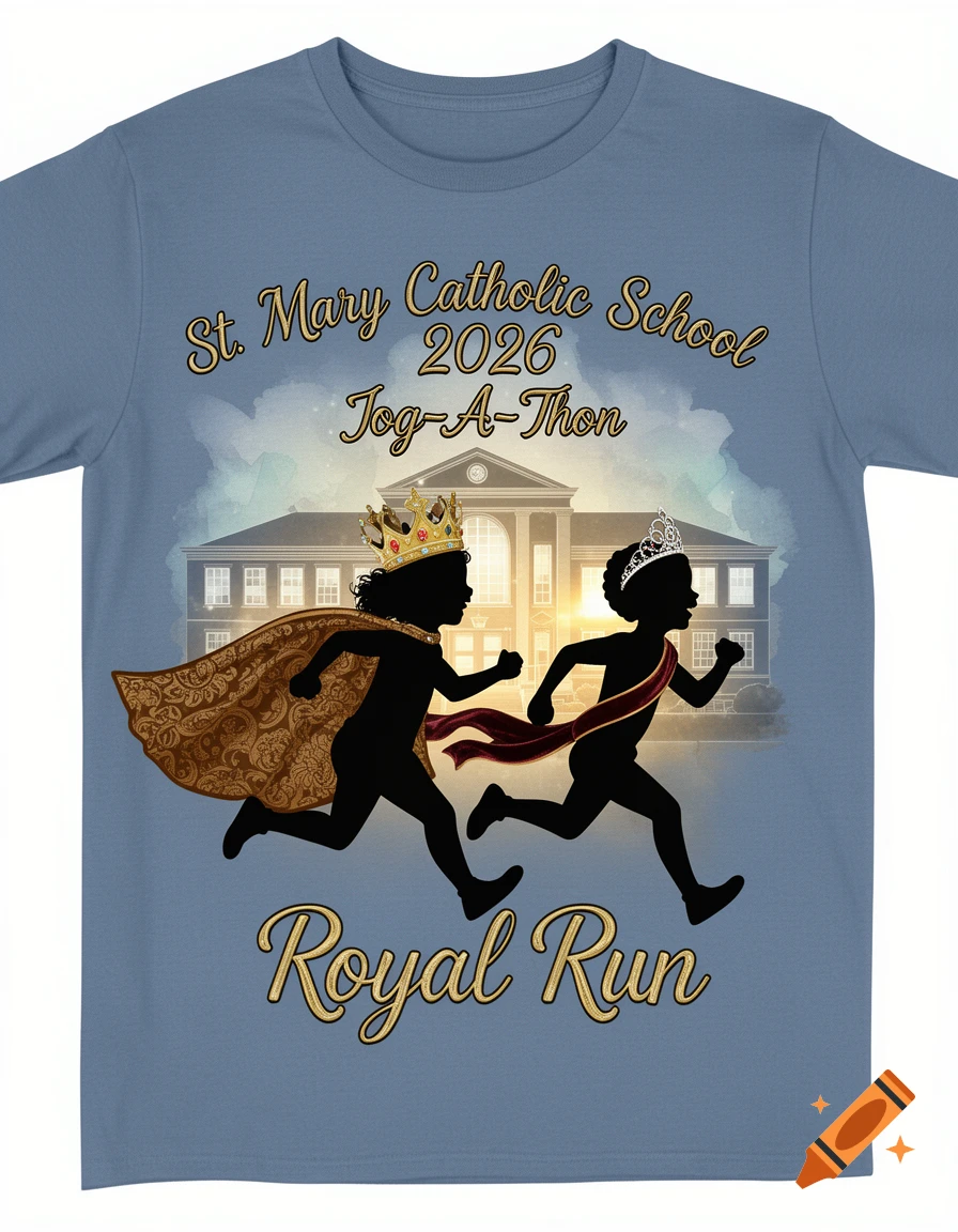 T-shirt design with silhouettes of two children in royal attire running, in front of a school building. Text reads "St. Mary Catholic School 2026 Jog-A-Thon Royal Run".