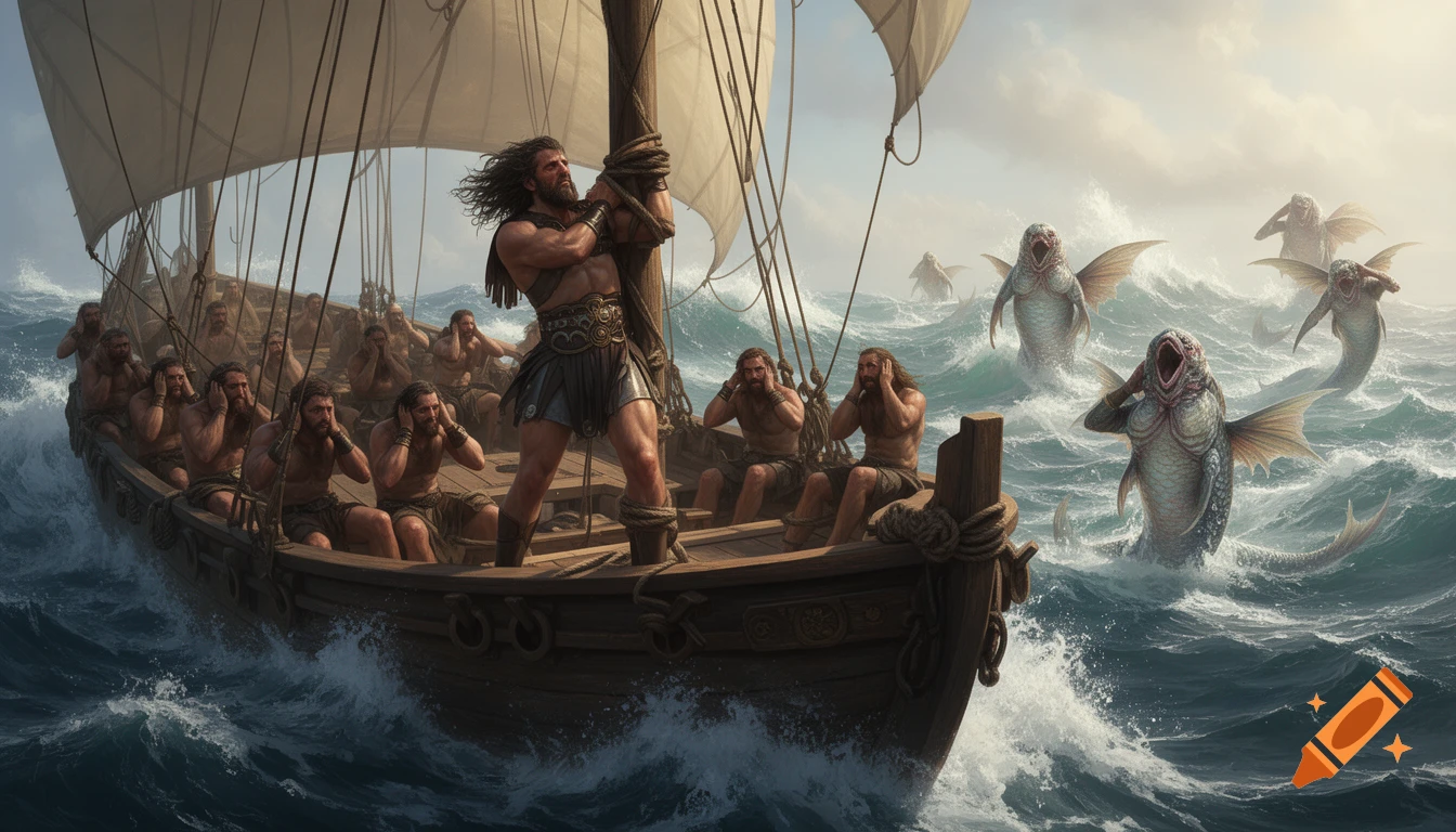 Odysseus tied to his ship's mast, while his crew covers their ears as monstrous sirens emerge from a stormy sea.
