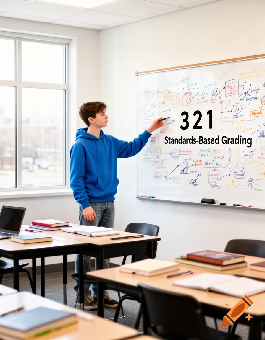 A young student in a blue hoodie points at a whiteboard displaying '321 Standards-Based Grading' in a bright classroom.