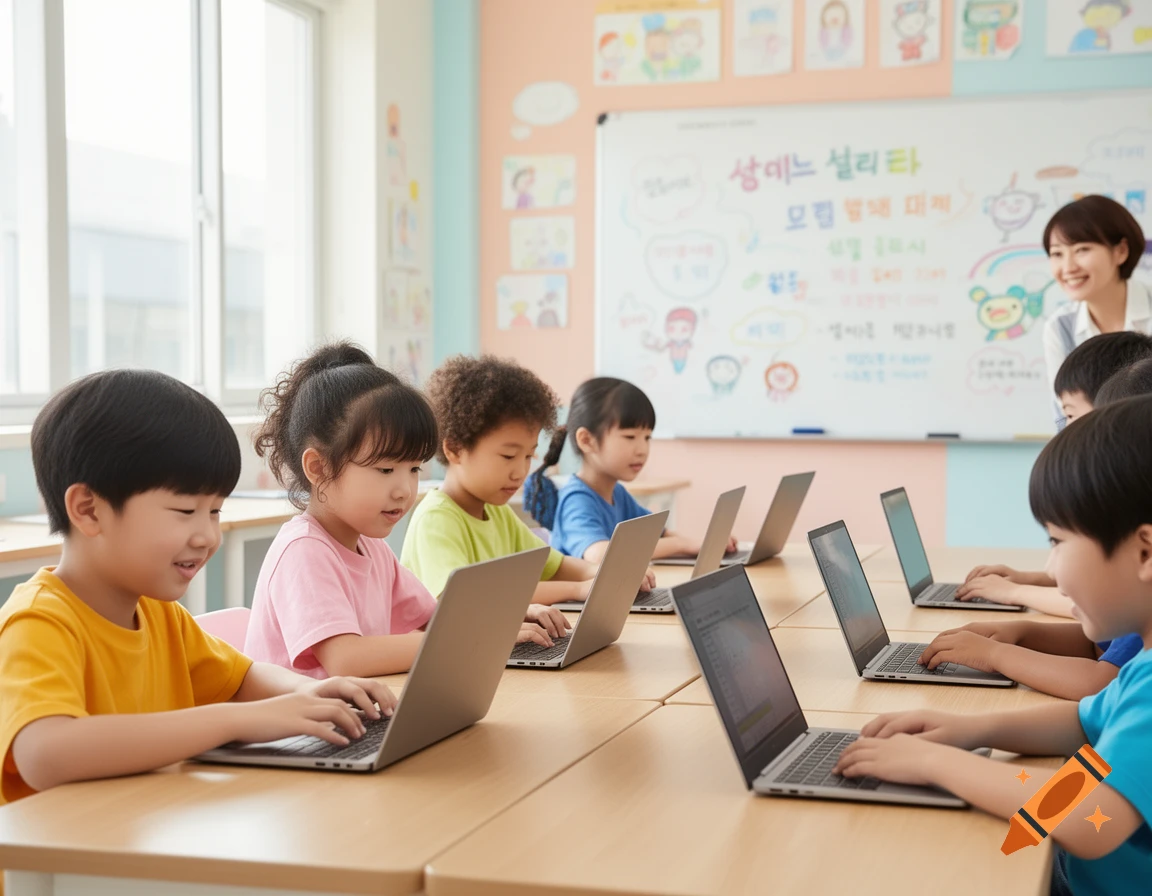 Photorealistic image of Asian children using laptops at desks in a brightly lit classroom, with a smiling female teacher observing in the background.