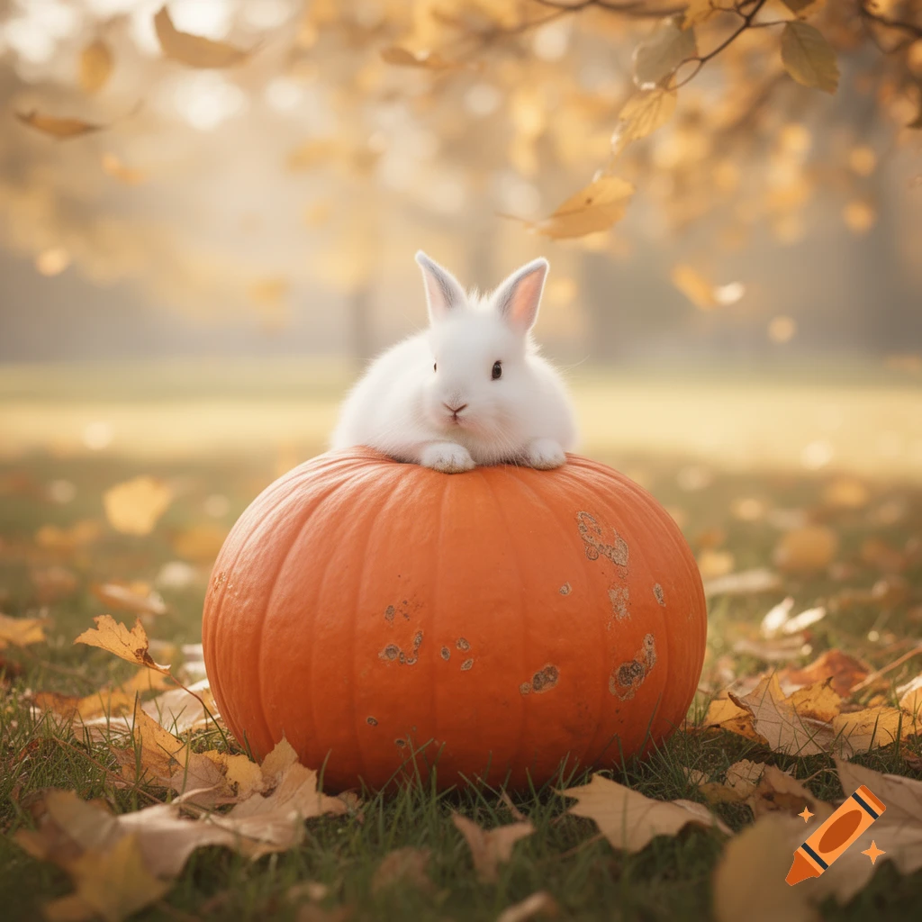 A fluffy white rabbit sits on a large orange pumpkin surrounded by fallen autumn leaves and grass.