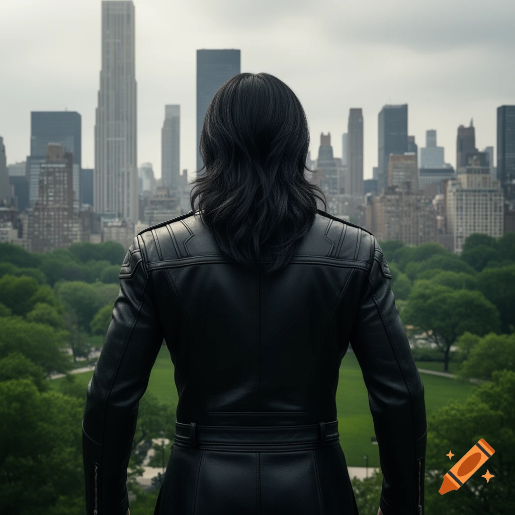 Back view of a person in a black leather jacket, with long dark hair, overlooking a green park and city skyline.