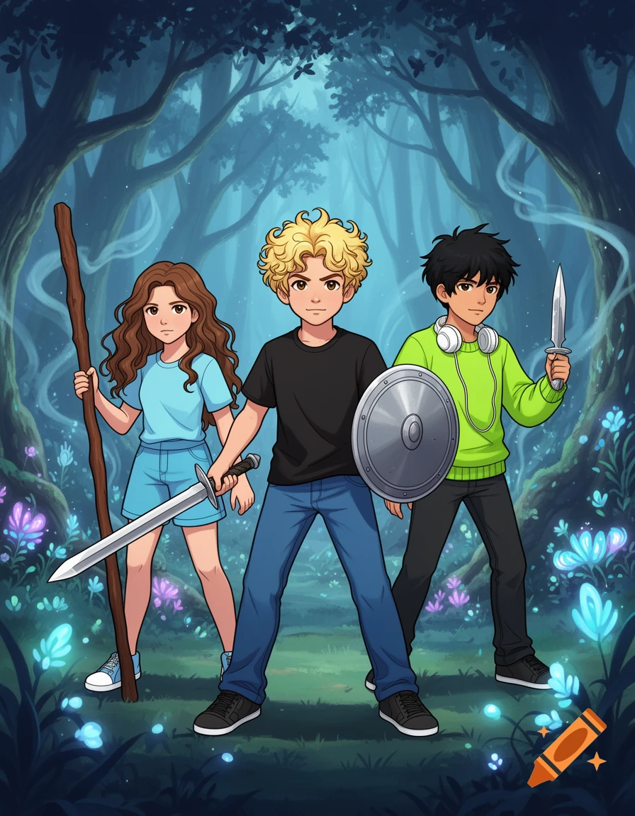 Vibrant 2D illustration of three teenage fantasy characters, armed with staff, sword, shield, and dagger, in a magical forest.