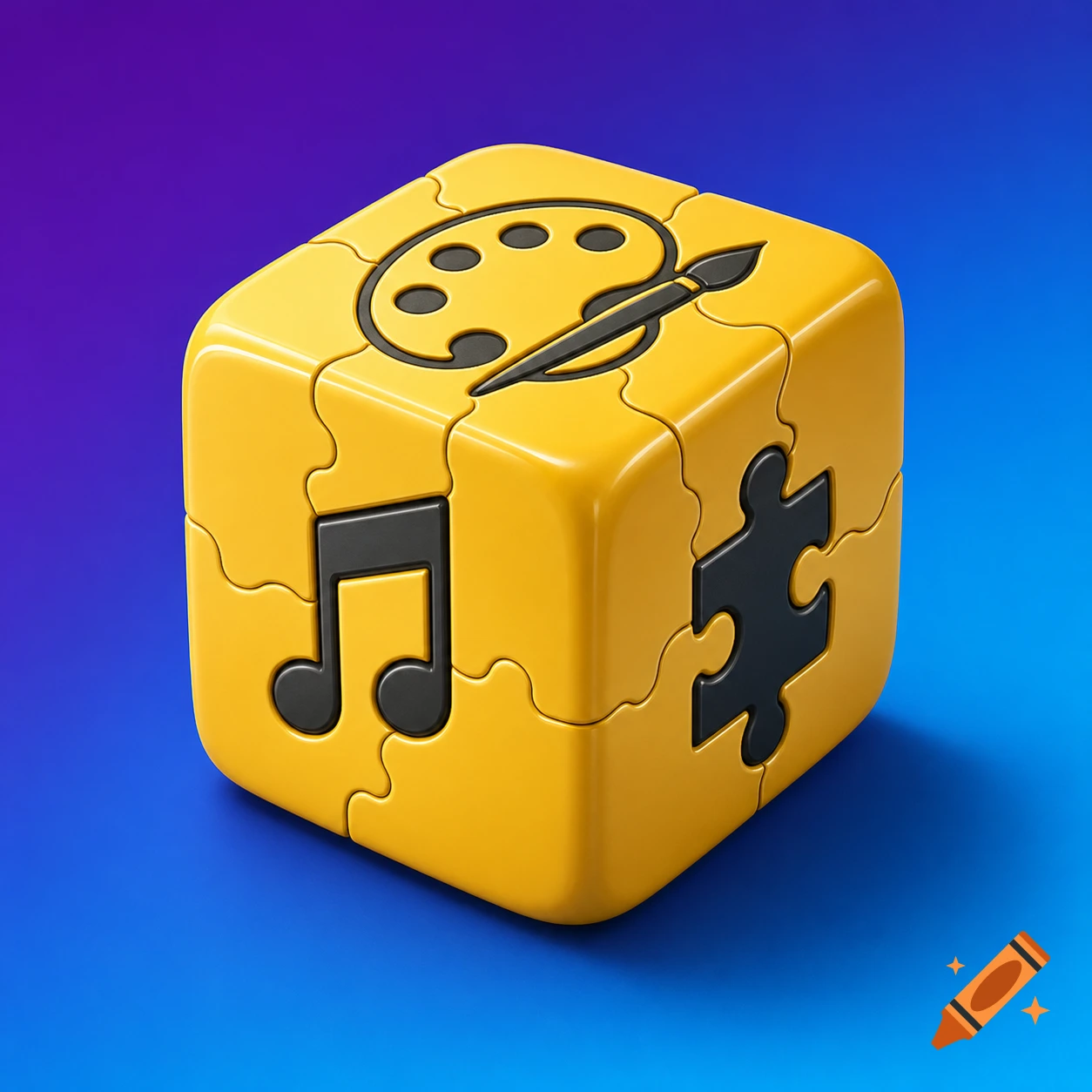 A bright yellow puzzle cube with a painter's palette, music note, and puzzle piece icons on a blue and purple gradient background.