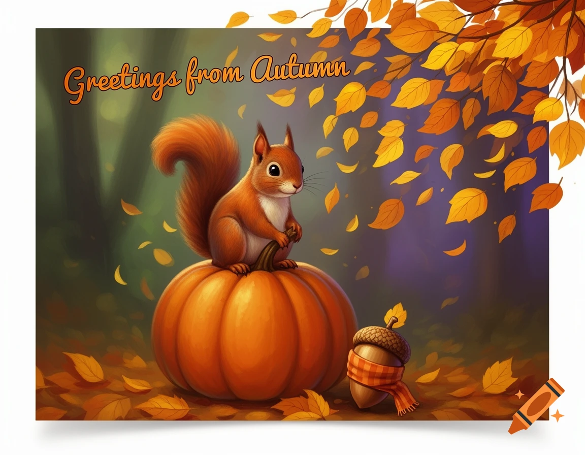 Illustrated cute squirrel on a pumpkin with fall leaves and an acorn. 'Greetings from Autumn' text.