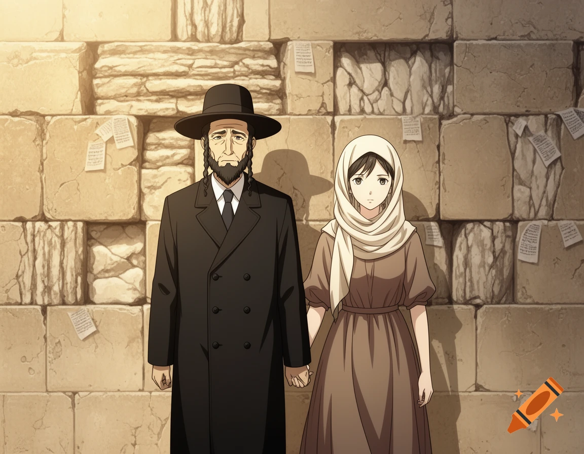 An anime-style Haredi man and woman stand holding hands in front of the Western Wall with prayer notes.