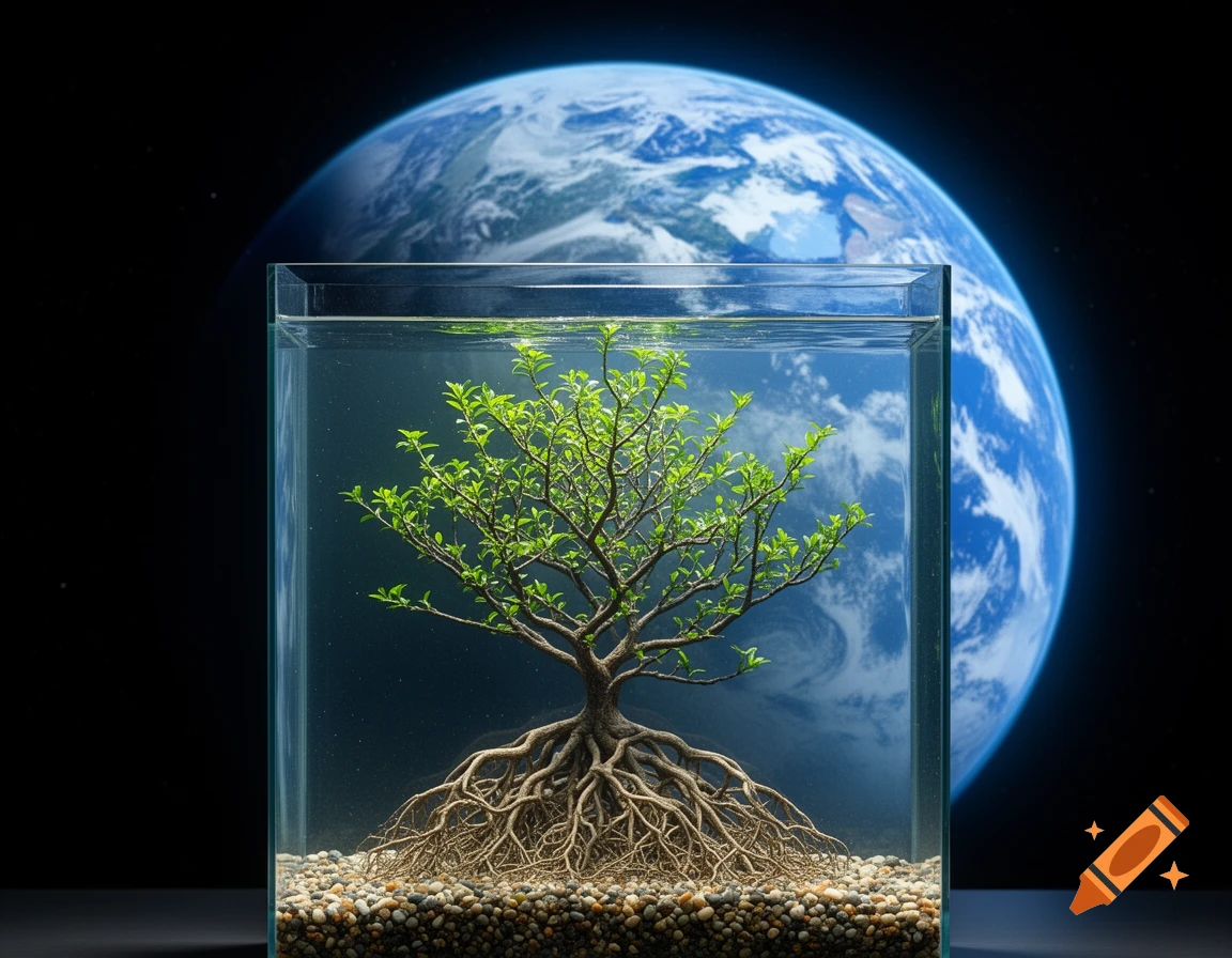 A miniature green tree with extensive roots grows in a glass aquarium filled with water and pebbles, set against a dark background with a large, blue planet Earth.