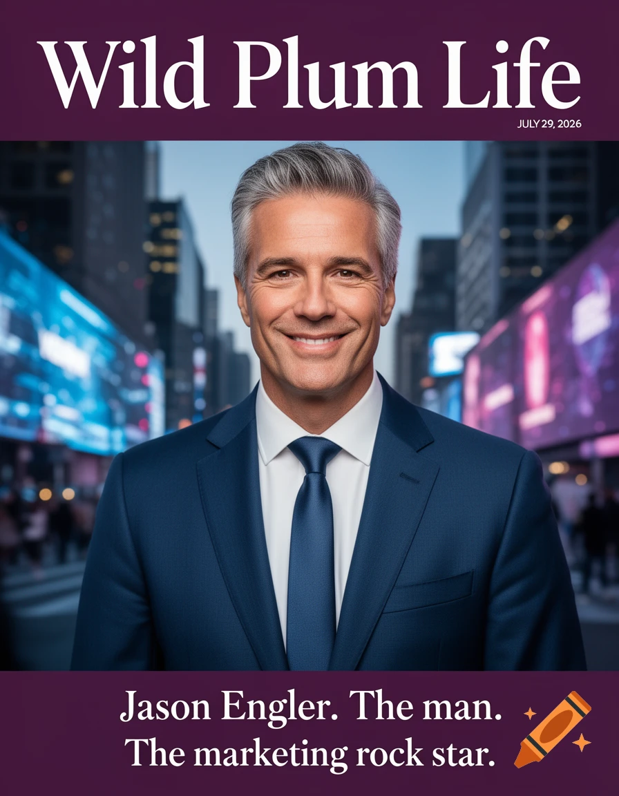 Photorealistic magazine cover of a smiling man in a suit, 'Wild Plum Life' title, against a blurred city background at night.