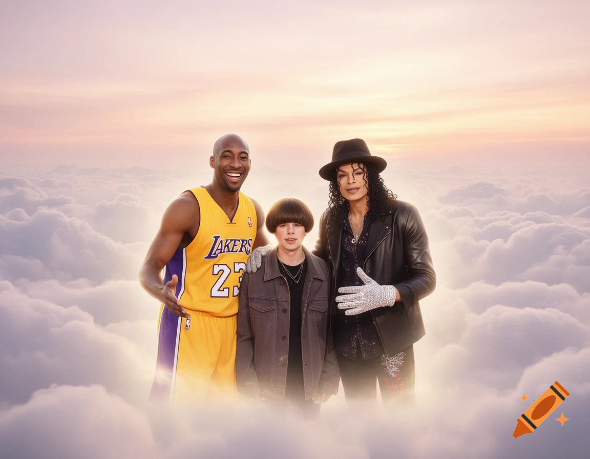 Kobe Bryant in a Lakers jersey, Oliver Tree, and Michael Jackson in a hat stand together on a bed of clouds with a sunset sky.