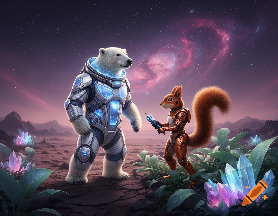 A polar bear in a futuristic space suit stands opposite a humanoid squirrel holding a laser gun on an alien planet with glowing crystals and a nebula sky.