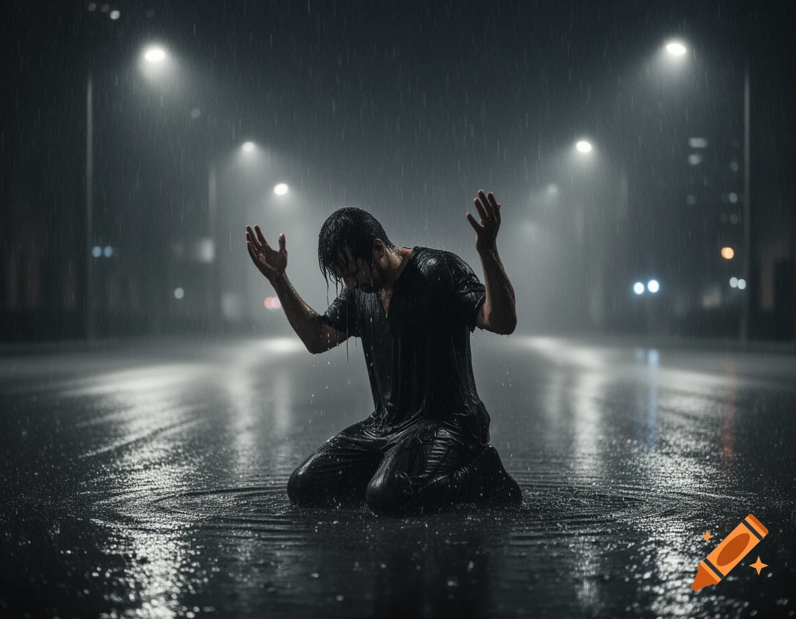 A man kneels on a wet street in heavy rain under streetlights at night, with arms outstretched.