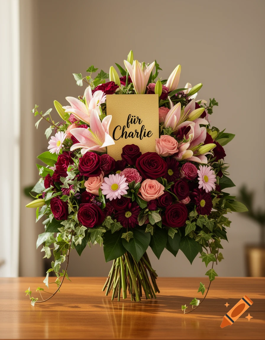 A large birthday bouquet with red roses, pink lilies, green ivy, and a golden card reading 'f r Charlie' on a wooden table.