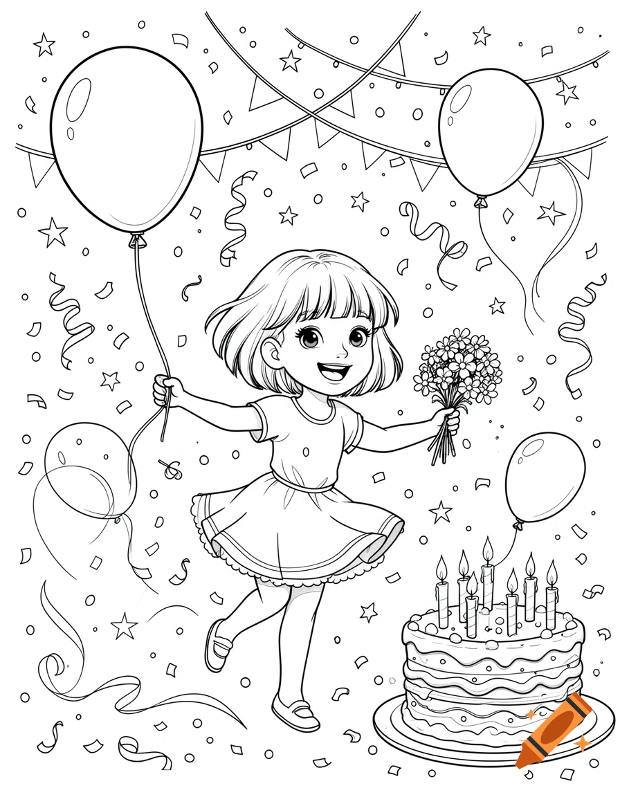 Black and white line art of a joyful girl dancing at a birthday party, holding balloons and flowers, with a cake and confetti.