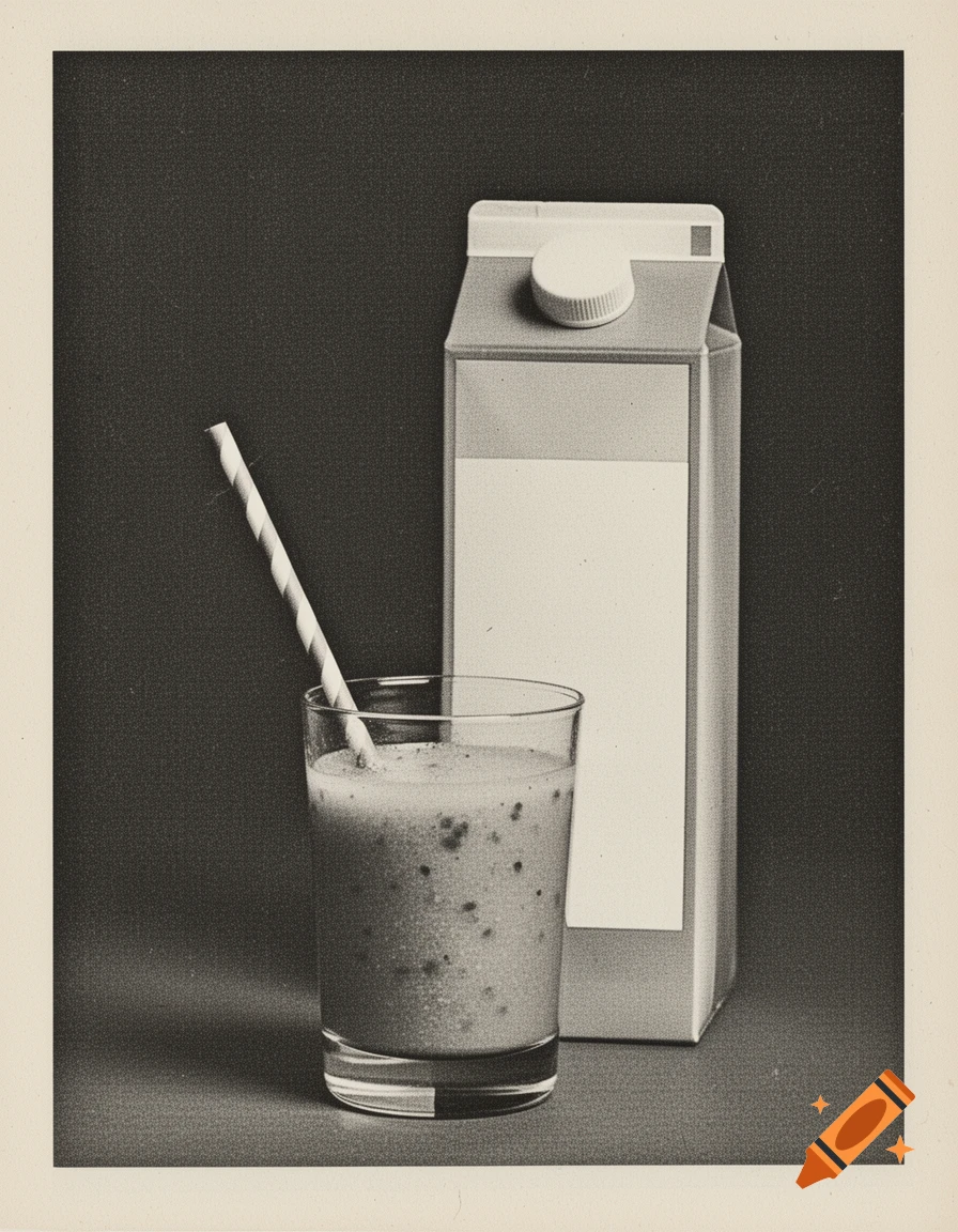 A grainy, black and white still life of a smoothie in a glass with a straw, next to a plain carton, in a vintage newspaper print style.
