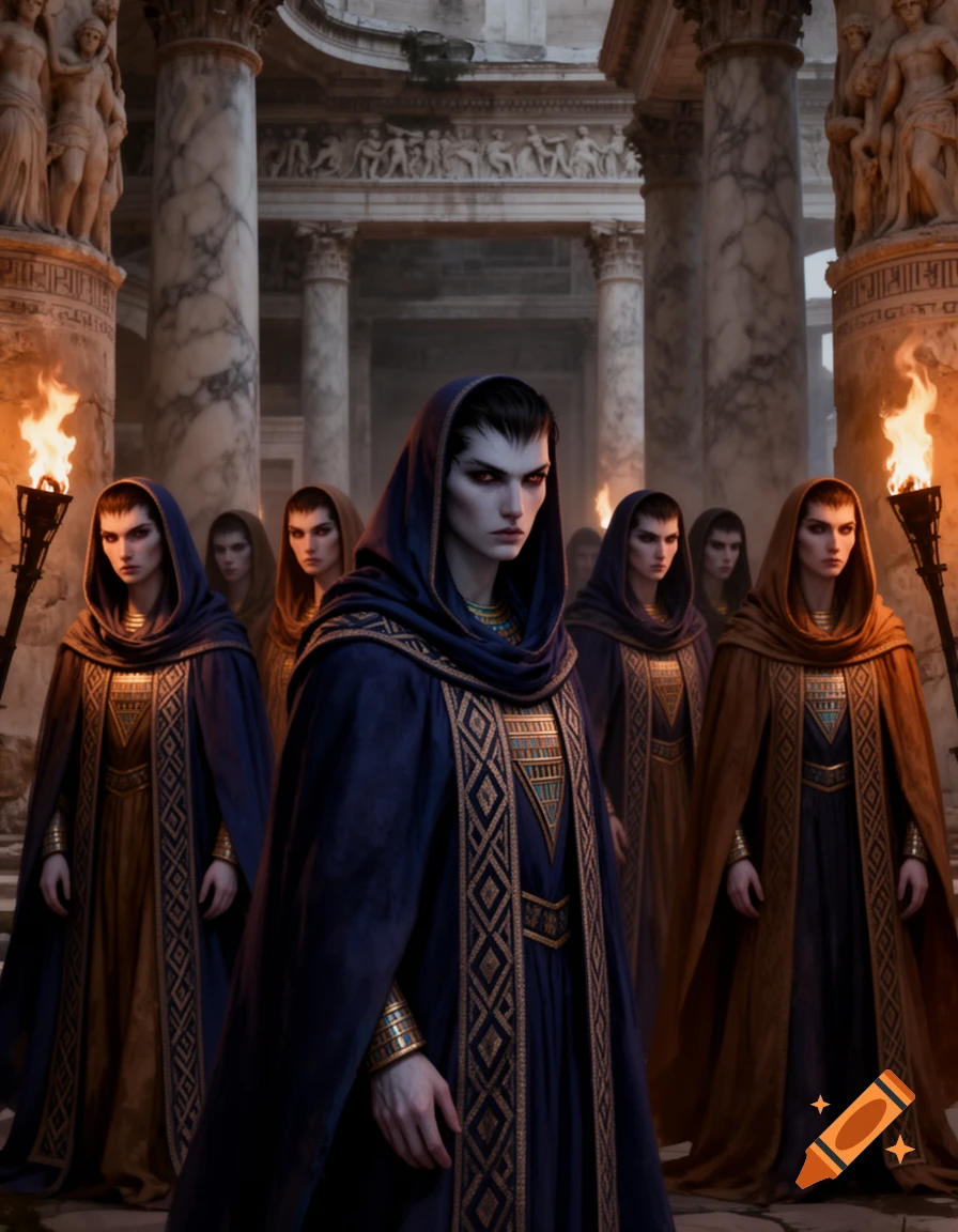 A group of cloaked, red-eyed figures stand in ancient Roman ruins, illuminated by torches, in a dark fantasy style.