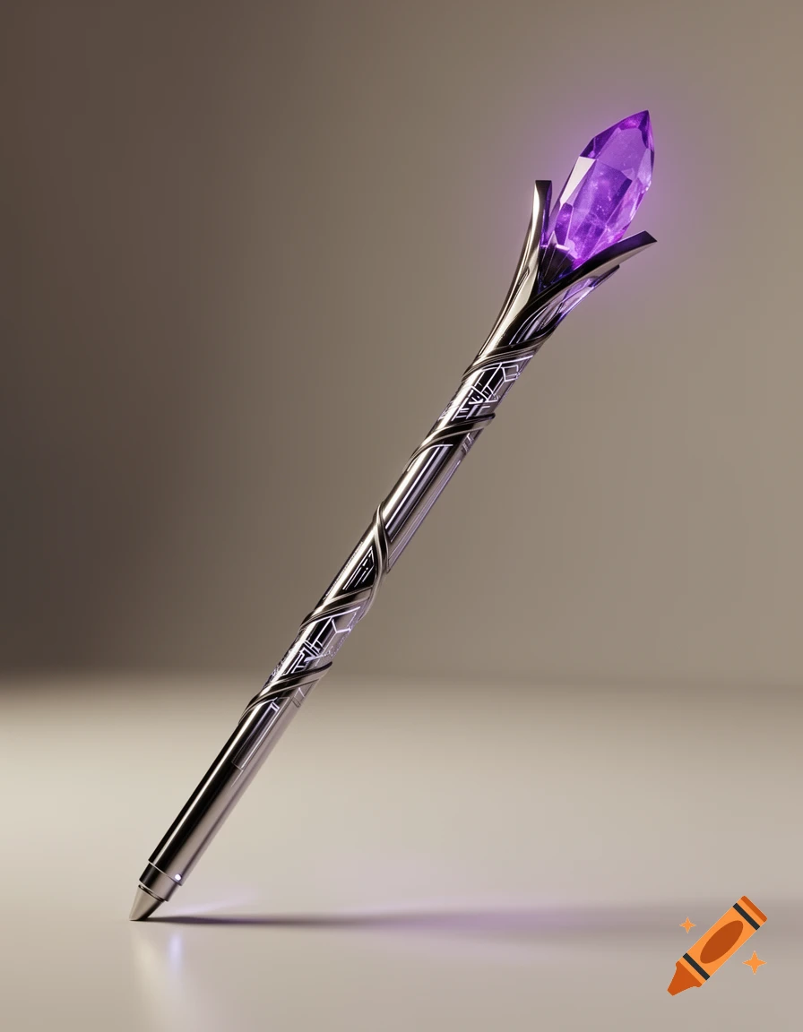 A sleek, metallic futuristic staff with a glowing purple crystal at its top, set against a muted background.