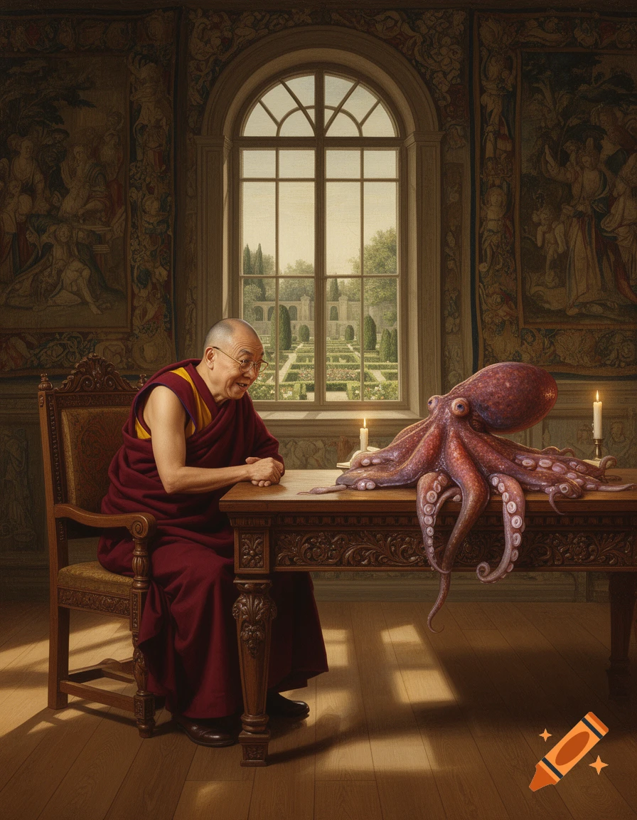 Dalai Lama discusses with a large octopus at an ornate wooden table in a grand room with tapestries and a garden view, realistic style.