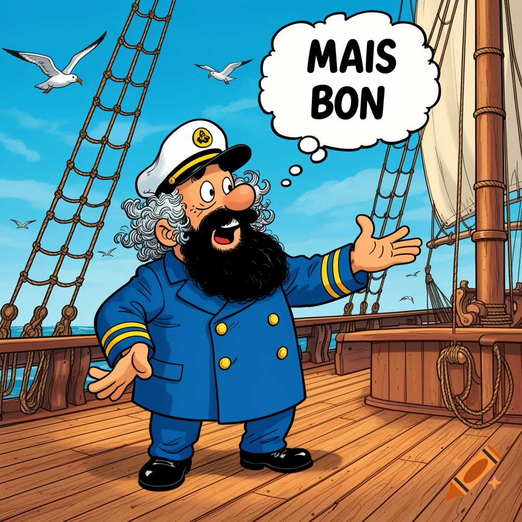 Cartoon Captain Haddock in blue uniform with a black beard gestures on a ship deck, with 'MAIS BON' in a speech bubble.