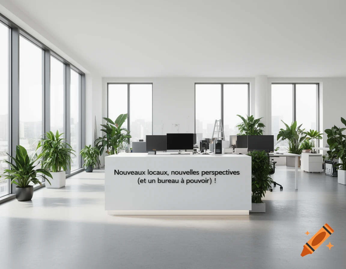 Modern, bright office interior with large windows, green plants, and a white reception desk featuring text.