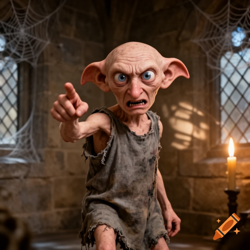 Dobby, the house-elf from Harry Potter, looks angry and points, standing in a stone room with spiderwebs and a lit candle.