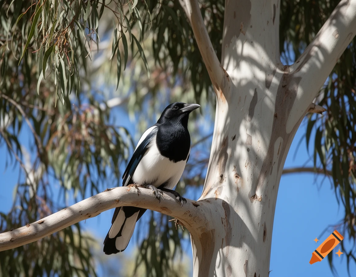 A black and white magpie perches on a light-colored eucalyptus tree branch, with green leaves and a blue sky in the background.
